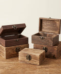 Wooden boxes with antique bronze hinges and latches set, featuring 2 antique hasps, 4 small hinges, and 24 matching screws.
