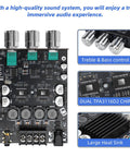 Beefy Bluetooth 5.0 HiFi Stereo Amplifier Board with 100W per channel, showing treble and bass control, and large heat sink details.
