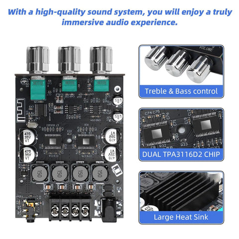 Beefy Bluetooth 5.0 HiFi Stereo Amplifier Board with 100W per channel, showing treble and bass control, and large heat sink details.