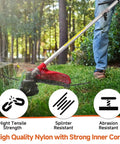 Person using a heavy-duty weed eater with a 2.8 Lb spool twisted trimmer line 0.095 inch, 885 feet, durable nylon core.