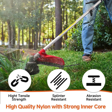 Person using a heavy-duty weed eater with a 2.8 Lb spool twisted trimmer line 0.095 inch, 885 feet, durable nylon core.