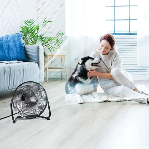 9 Inch Floor Fan With 3 Speed Settings, Portable Metal Design in living room with person and dog, 180 Degree Tilt For A Custom Breeze