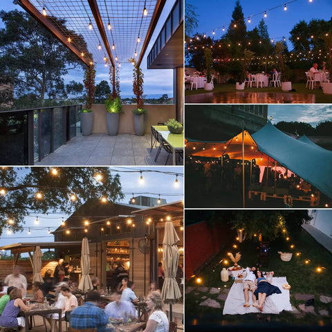 Warm 48 Foot Outdoor String Lights With Vintage Edison Bulbs 15 Bulbs At 11W Waterproof UL Listed on porch, patio, and backyard
