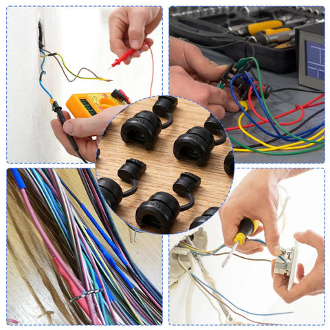 Heavy Duty Black Nylon Strain Relief Cord Connectors 6N 4 Model Fits Point Three Inch Round Wire Pack Of Ten in use with wires.