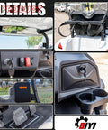 Details of Top Shelf Two Seater Electric Golf Cart With 5kW Motor And 60V Battery with dashboard and cup holders.