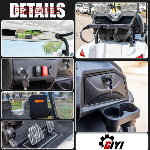 Details of Top Shelf Two Seater Electric Golf Cart With 5kW Motor And 60V Battery with dashboard and cup holders.