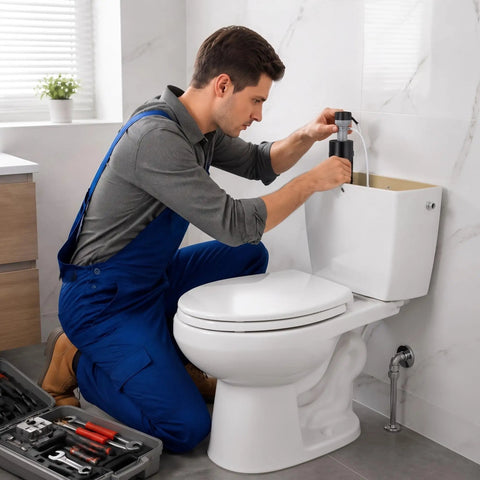 Man installing a Heavy Duty Eight Count Toilet Fill Valve Replacement Kit Black Adjustable Flushing Tank Refill Stopper Assembly.
