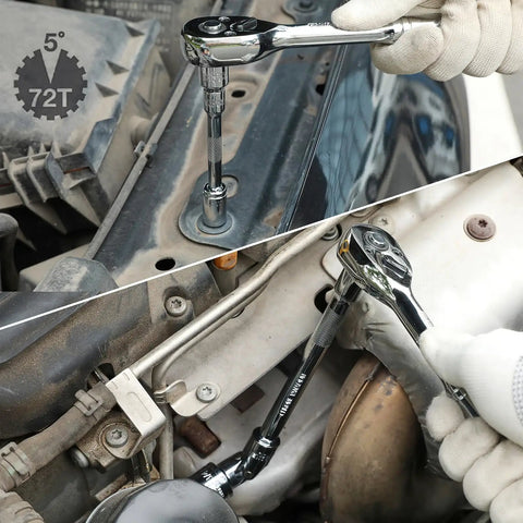 All In One 94 Piece Socket Set being used on car engine, showcasing ratchet and extension bar in action, chrome finish visible