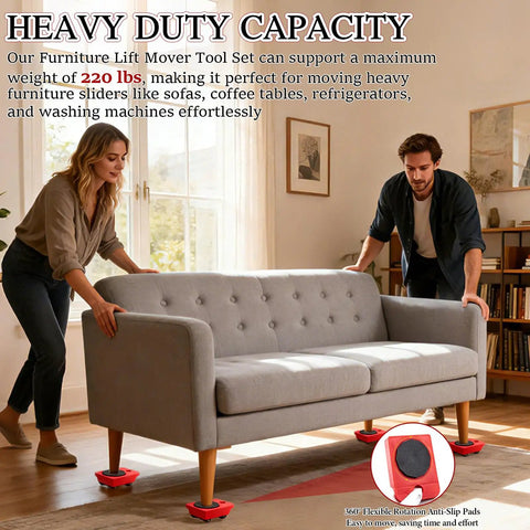 Heavy Duty Furniture Lift Mover Tool Set with wheels under a grey sofa, ideal for moving sofas, tables, and appliances safely.