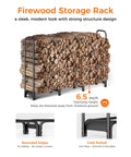 Heavy Duty 6ft Firewood Rack for Indoor and Outdoor Use Black Metal Log Holder with wood stacked demonstrating sturdy design.