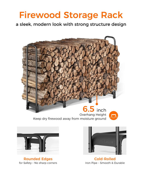 Heavy Duty 6ft Firewood Rack for Indoor and Outdoor Use Black Metal Log Holder with wood stacked demonstrating sturdy design.