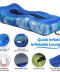Inflatable Lounger Air Sofa With Sun Shade Waterproof Beach Bed With Electric Pump featuring blue leaf design.