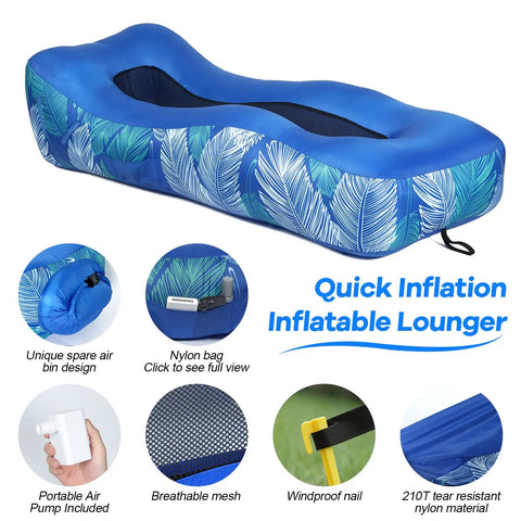 Inflatable Lounger Air Sofa With Sun Shade Waterproof Beach Bed With Electric Pump featuring blue leaf design.