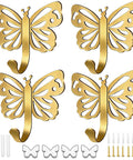 Butterfly Design Heavy Duty Wall Hooks Set For Towel Robe Coat And Keys Gold Brushed Finish 20 Lb Capacity 4 Pack Decorative Wall