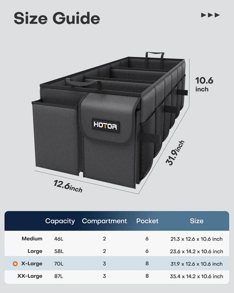 Foldable Car Trunk Organizer With Three Compartments And Six Mesh Pockets, Heavy Duty Storage For SUVs And Sedans, Black, Measures 31.9 By 12.6 By 10.6 Inches