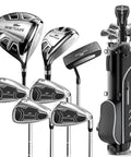 8 Piece Golf Club Set For Men With Stand Bag Driver Hybrid 5 7 9 Pitching Wedge Putter Right Handed Black Great For Beginners And Casual Players With High Forgiveness And Ample Distance Game Ready Feel, displayed in a black stand bag.