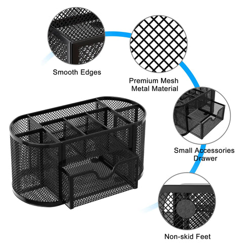 Mesh Pen Holder Desk Organizer With Drawer Nine Compartment Stationery Organizer For Dorm School Or Office Black Durable Iron Construction