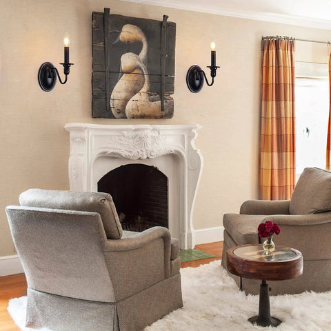 Living room with Black Wall Sconces Set Of Two Modern Farmhouse Candle Wall Lamps for Bathroom Vanity Hallway Stairway Porch