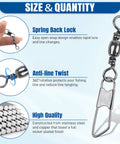Heavy Duty Fishing Snap Swivels With Barrel Swivel And Safety Snap Lure Connector, 360 Degree Spin For No Twist, Stainless Steel Copper Build, Pro Grade Strength, Wear Resistant, Corrosion Resistant Gear For Freshwater And Saltwater, spring back lock