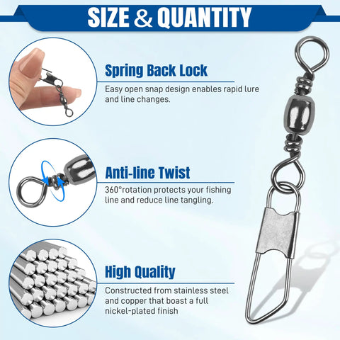 Heavy Duty Fishing Snap Swivels With Barrel Swivel And Safety Snap Lure Connector, 360 Degree Spin For No Twist, Stainless Steel Copper Build, Pro Grade Strength, Wear Resistant, Corrosion Resistant Gear For Freshwater And Saltwater, spring back lock