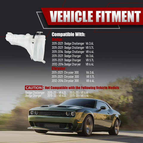 Top Tier Engine Coolant Reservoir Tank With Cap For Your Whip Smooth Riding Dodge Charger Challenger And Chrysler 300 Cooling System Overflow Replacement, detailed fitment chart.