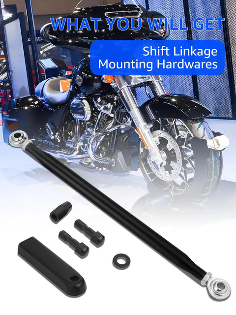 Aftermarket Aluminum Shift Linkage For Harley Davidson Motorcycles Tighten Up Shifts For Smoother More Precise Gear Changes Durable Black Finish Polished Aluminum Shifter Linkage Upgrade To Boost Performance And Ride Quality, black linkage kit with mounting hardware