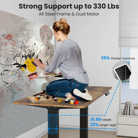 Esupy Dual Motor Electric Standing Desk Frame With Height Adjustable Sit To Stand Up Base Heavy Duty DIY Desktop Legs 4 Memory Controller Over 300 Lb Load Capacity Smooth Quiet Operation For Home Office Setup with artist painting on a sturdy all-steel frame.