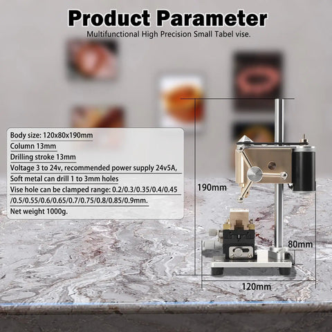 Essential Mini Benchtop Drill Press For Precision Watch Repair Work with adjustable speed, aluminum build, and compact size.