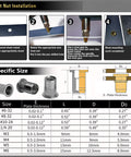 Installation guide and size chart for 560 Piece Stainless Steel Rivet Nut Kit With Manual Rivet Nut Tool
