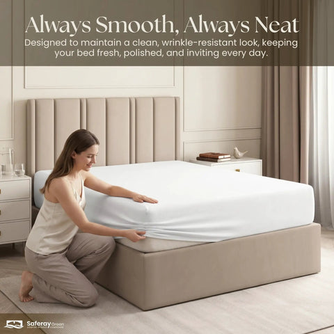 Woman fitting a Buttery Soft Organic Cotton Queen Fitted Sheet Featuring 12 Inch Deep Pockets on a bed.