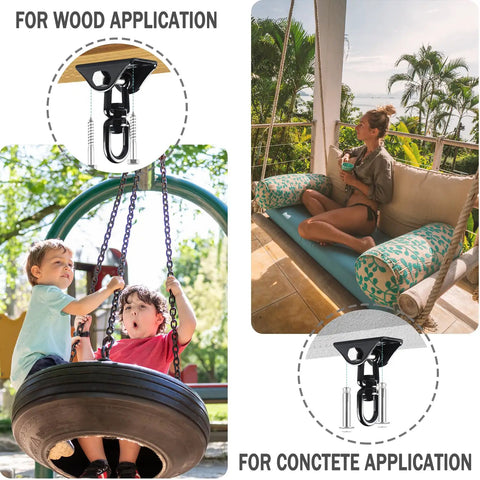 Beefy 360 Degree Swivel Hammock Hanging Kit With Ceiling Mount Hardware 1000 Lbs Capacity shown for wood and concrete use