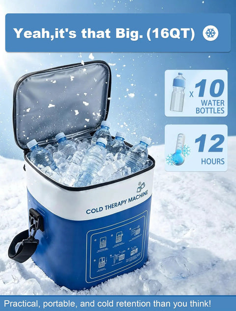 Portable Leg Cold Therapy System For Calf And Shin Recovery After Surgery with 16 quart insulated bucket filled with ice and bottles.