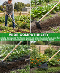 Collage of Wooden Hoe Handle Replacement 47 Inch Long With 1.3 Inch Diameter Tapered End in garden use with rake and hoe.