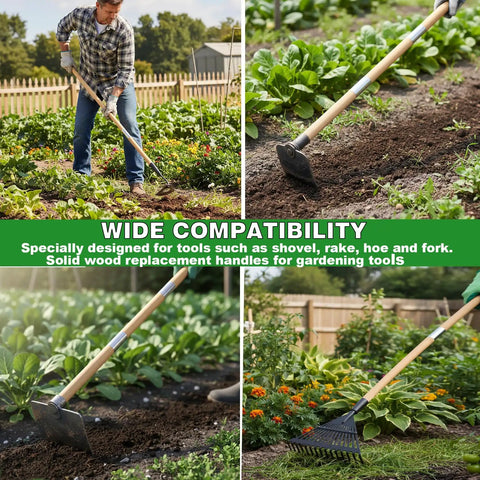 Collage of Wooden Hoe Handle Replacement 47 Inch Long With 1.3 Inch Diameter Tapered End in garden use with rake and hoe.