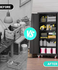 Before and after using 71 Inch Steel Garage Storage Cabinet On Wheels Lockable Metal Tool Cabinet With Four Adjustable Shelves