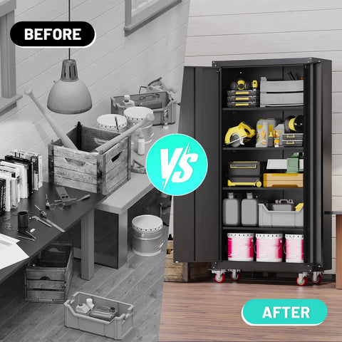 Before and after using 71 Inch Steel Garage Storage Cabinet On Wheels Lockable Metal Tool Cabinet With Four Adjustable Shelves