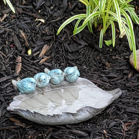 Outdoor Bird Feeder And Bath Bowl With Leaf Design In Polyresin Hand Painted Blue Family Of Birds Garden Decor That Pops For Yard Or Balcony Weather Resistant And Easy To Clean
