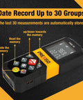 Rechargeable Laser Distance Meter With 265 Ft Range Six Measurement Modes Including Single Continuous Min Max Area Volume Two Point Pythagorean Three Point Pythagorean M in Ft Readouts Three Reference Points, front view