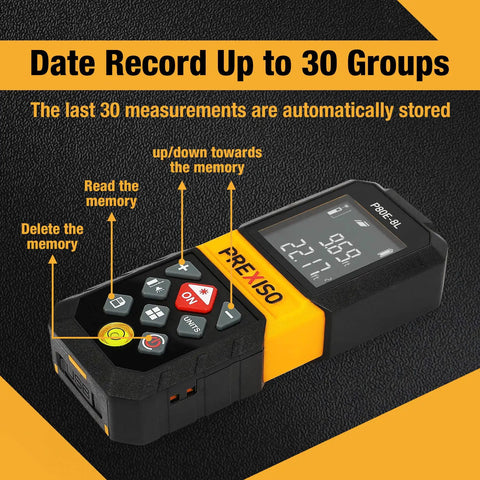 Rechargeable Laser Distance Meter With 265 Ft Range Six Measurement Modes Including Single Continuous Min Max Area Volume Two Point Pythagorean Three Point Pythagorean M in Ft Readouts Three Reference Points, front view
