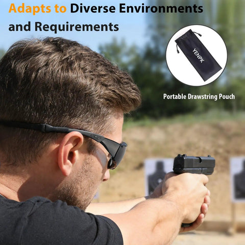Man wearing Snag These Hella Clear Anti Fog Safety Glasses With Thick Foam Cushion and Secure Strap while aiming a gun.