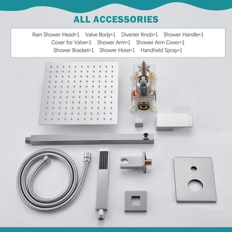 Brushed Nickel Shower System With 10 Inch Rain Showerhead, Handheld Spray, Wall Mounted High Pressure Valve And Trim accessories