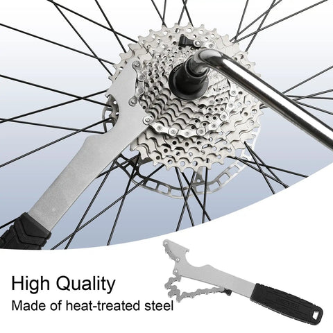 Bike Cassette Removal Tool Pro Grade Sprocket Remover Wrench with long handle on bicycle wheel hub, heat-treated steel