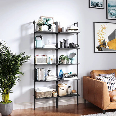 Game Changer 5 Tier Ladder Shelf With Heavy Duty Metal Frame Total Space Saver Bookcase Wall Mounted Organizer Rack For Living Room Easy Assemble In Matte Black 74 Inches High