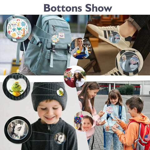 Three In One Button Maker Kit With 86 Sets Of Parts for DIY Pins seen on bags, shoes, and worn by kids, featuring love badge sets.