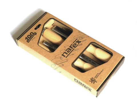 Packaging of Bevel Edge Wood Handle Chisel Set Four Piece For Real Woodworking, CrMn steel blades visible, Czech made