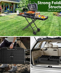 Portable Indoor Grill Table Stand For Ninja Woodfire OG701 OG850 OG951 Series 51 Inch Wide Folding Tailgating Table With 2 Wheels Compatible With Blackstone Griddle And Onni Pizza Oven Easy Setup And Rolling Mobility shown outdoors, folded and stored in a car