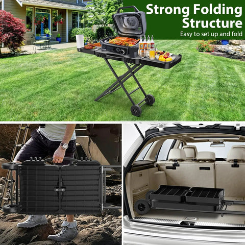 Portable Indoor Grill Table Stand For Ninja Woodfire OG701 OG850 OG951 Series 51 Inch Wide Folding Tailgating Table With 2 Wheels Compatible With Blackstone Griddle And Onni Pizza Oven Easy Setup And Rolling Mobility shown outdoors, folded and stored in a car