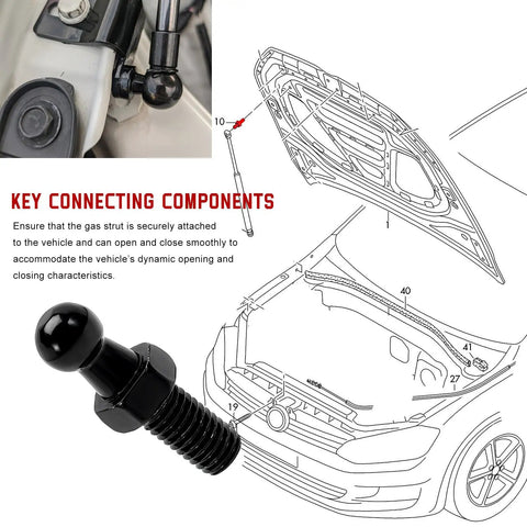 Heavy Duty Ball Stud With Hardware Nuts For Gas Strut Mounts In Cars Trucks And SUVs 10 mm Ball Carbon Steel Black Finish 9 16 Inch Shank 5 16 18 Thread Bonnet Gas Strut Mounting Studs installed on car hood