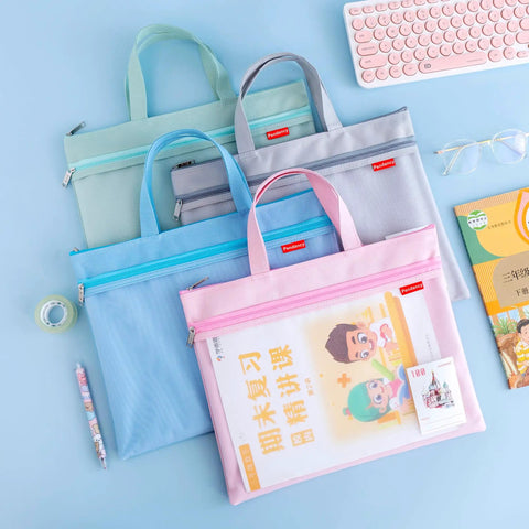 Assorted colored Mesh Zipper Pouch With Double Pocket Waterproof File Bags With Handle for A4 storage and organization.