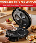 Super Cool 11 Inch Electric Quesadilla Maker With Extra Stuffing Latch Non Stick Plates; cleaning non-stick plates in kitchen.